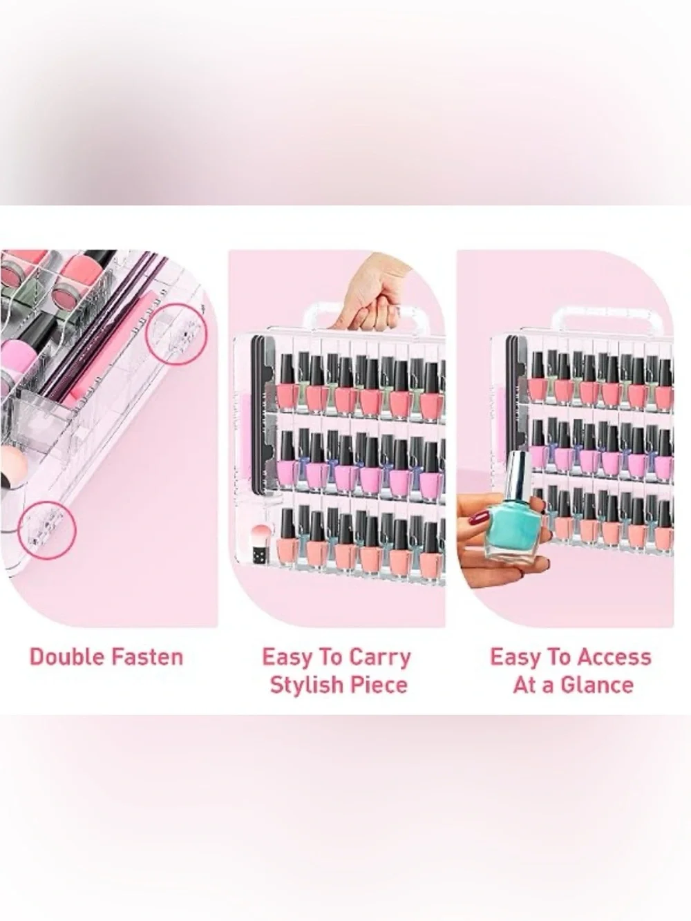 Nail Polish Double-Sided Plastic Organizer Carrying Case w/ Adjustable Dividers